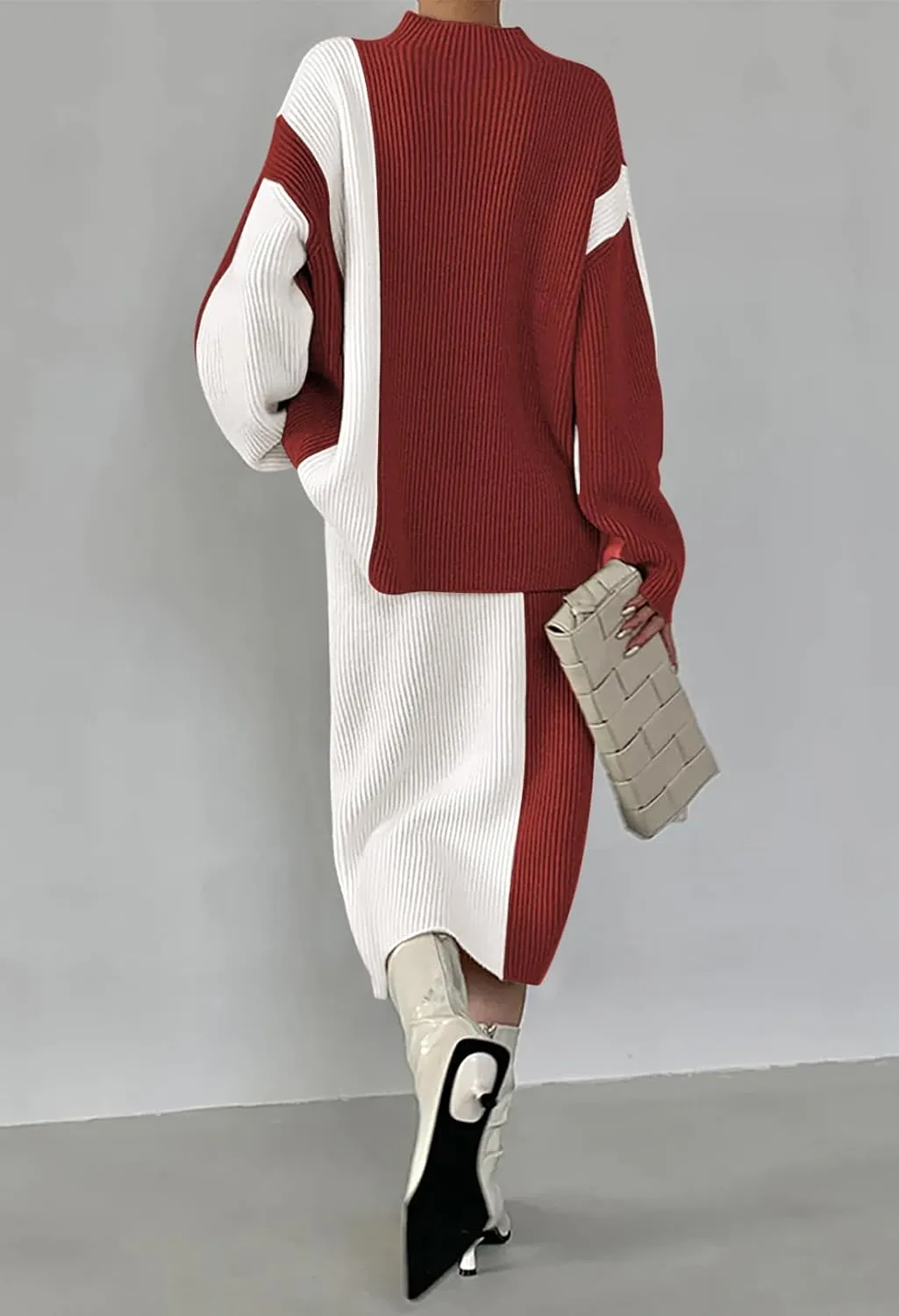 Pink Queen Women's 2 Piece Outfits 2024 Fall Winter Sweater Skirt Set Long Sleeve Oversized Top High Waist Color Block Dress