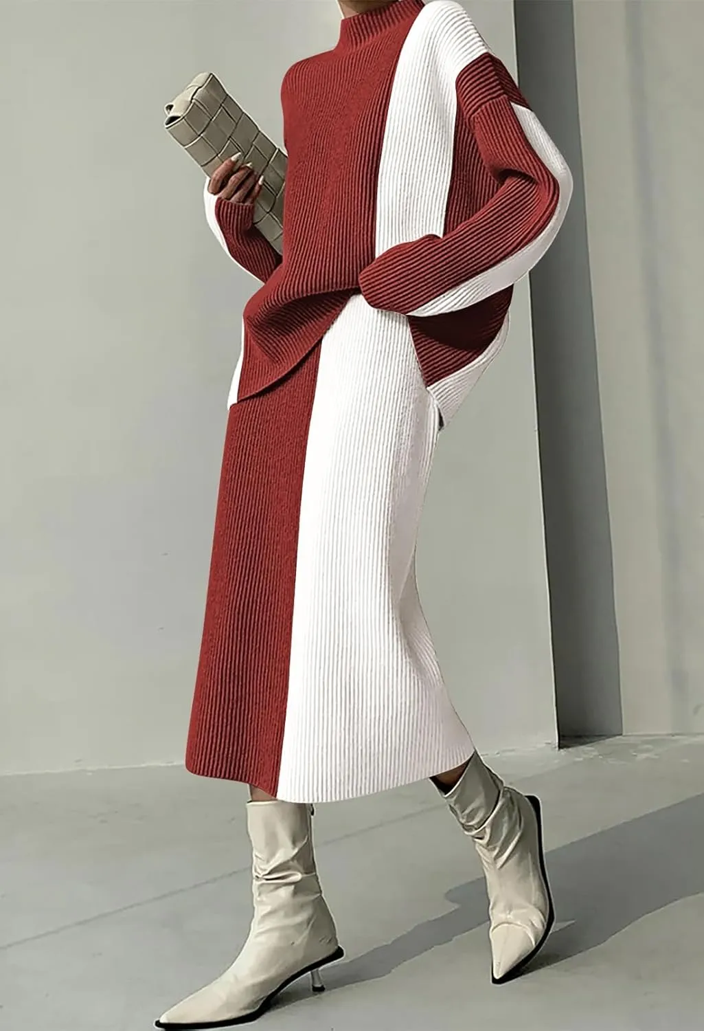 Pink Queen Women's 2 Piece Outfits 2024 Fall Winter Sweater Skirt Set Long Sleeve Oversized Top High Waist Color Block Dress
