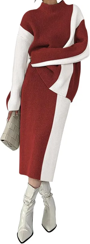 Pink Queen Women's 2 Piece Outfits 2024 Fall Winter Sweater Skirt Set Long Sleeve Oversized Top High Waist Color Block Dress