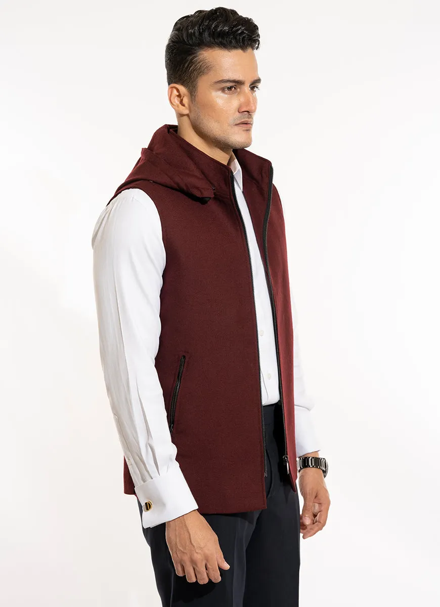 Plain Twill-Maroon, Wool Rich, Worsted Tweed High Neck Sleeveless Hoodie