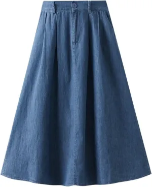 Pleated A-line Midi Skirt Elastic Waist Button Front Casual Flared Long Skirts with Pocket for Women