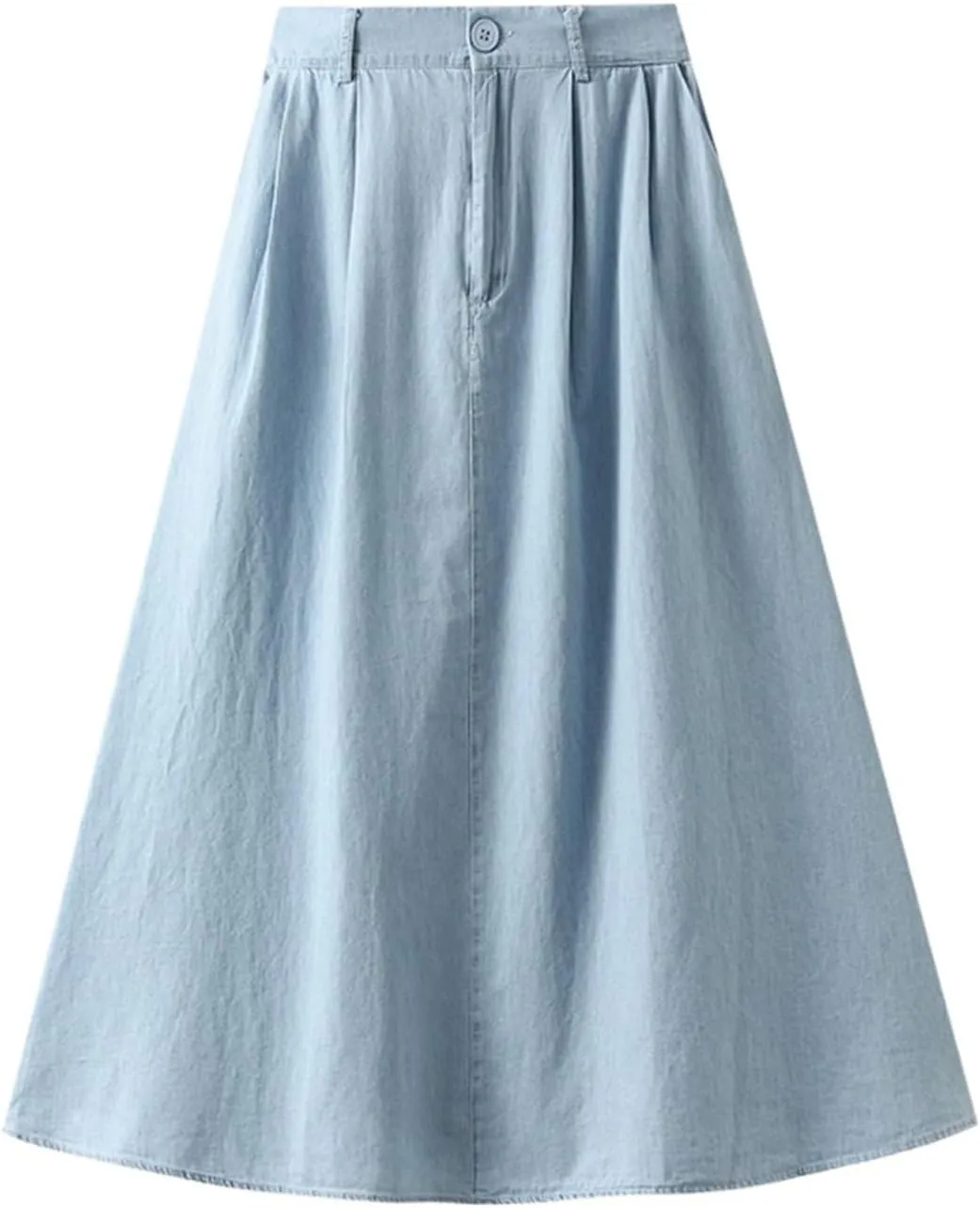 Pleated A-line Midi Skirt Elastic Waist Button Front Casual Flared Long Skirts with Pocket for Women