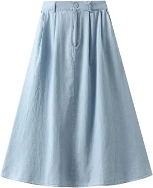 Pleated A-line Midi Skirt Elastic Waist Button Front Casual Flared Long Skirts with Pocket for Women