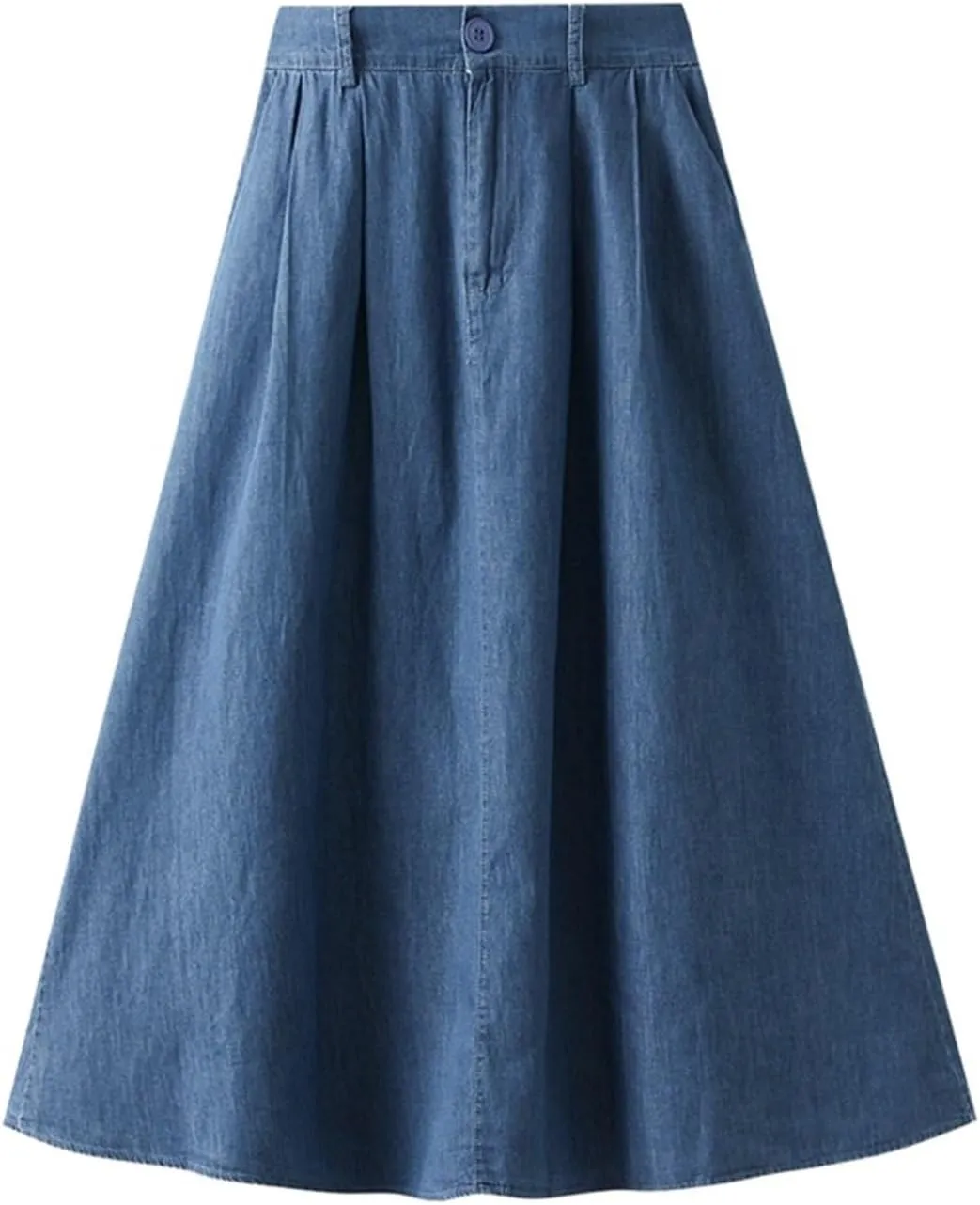 Pleated A-line Midi Skirt Elastic Waist Button Front Casual Flared Long Skirts with Pocket for Women