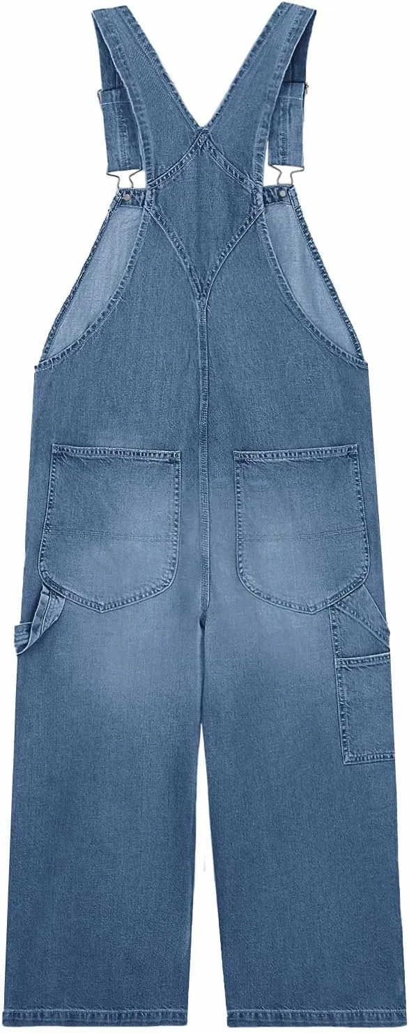 PLNOTME Womens Denim Overalls Casual Loose Fit Bib Adjustable Strap Wide Leg Capri Jean Jumpsuits