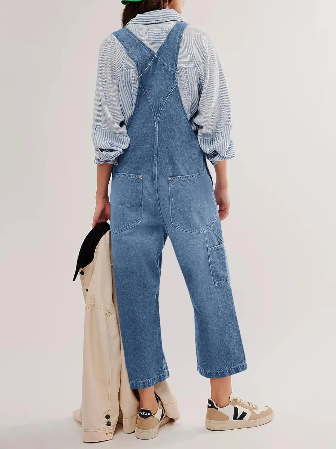 PLNOTME Womens Denim Overalls Casual Loose Fit Bib Adjustable Strap Wide Leg Capri Jean Jumpsuits