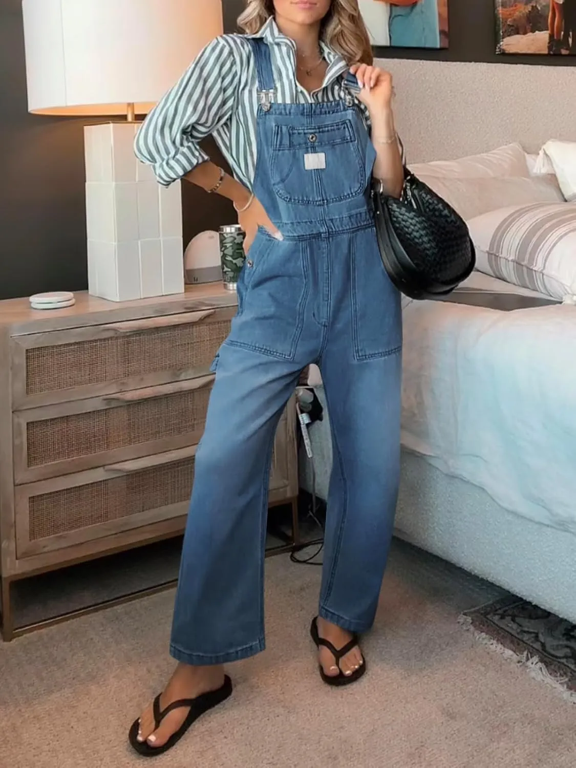PLNOTME Womens Denim Overalls Casual Loose Fit Bib Adjustable Strap Wide Leg Capri Jean Jumpsuits