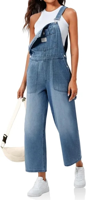 PLNOTME Womens Denim Overalls Casual Loose Fit Bib Adjustable Strap Wide Leg Capri Jean Jumpsuits