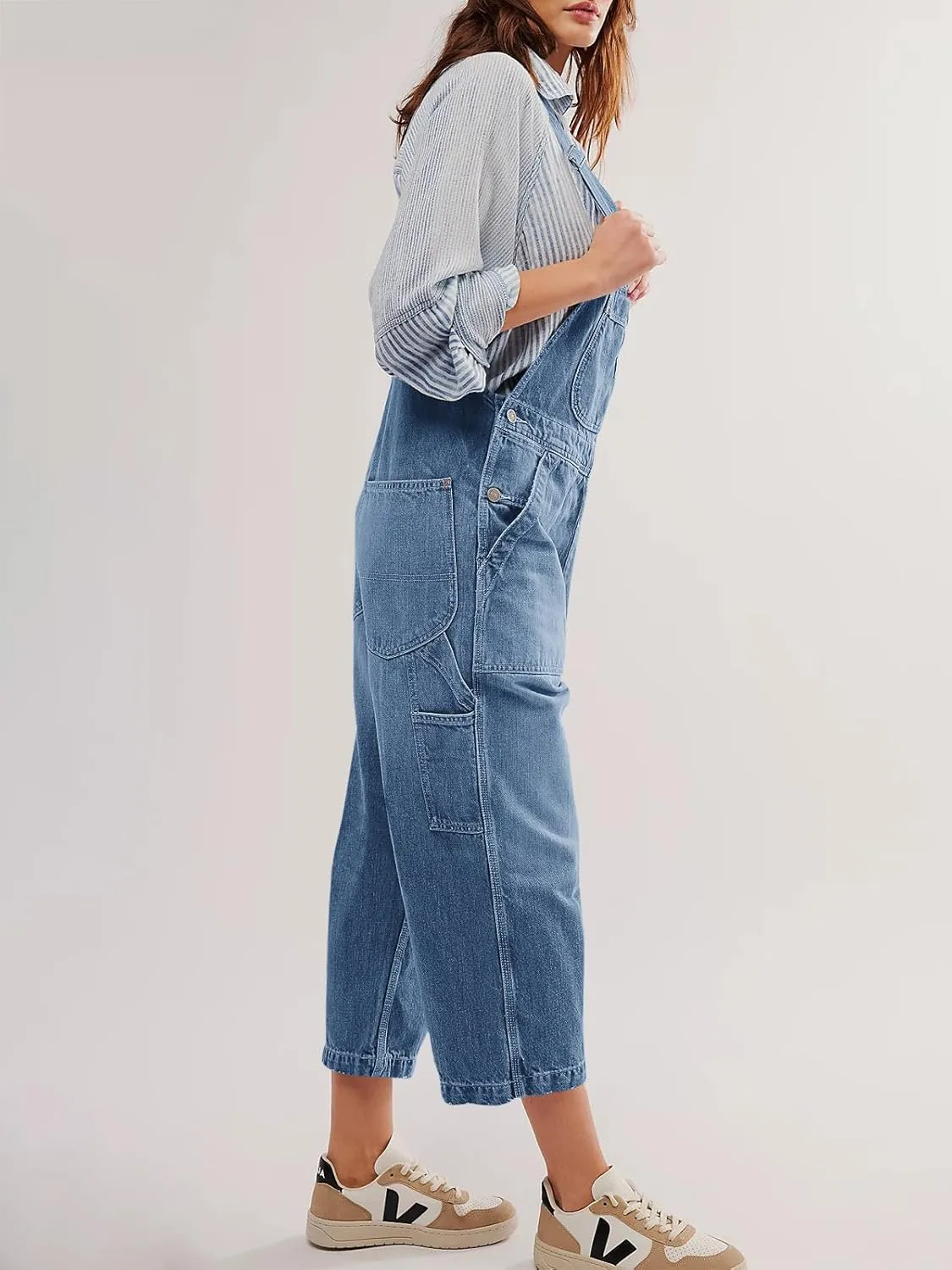 PLNOTME Womens Denim Overalls Casual Loose Fit Bib Adjustable Strap Wide Leg Capri Jean Jumpsuits