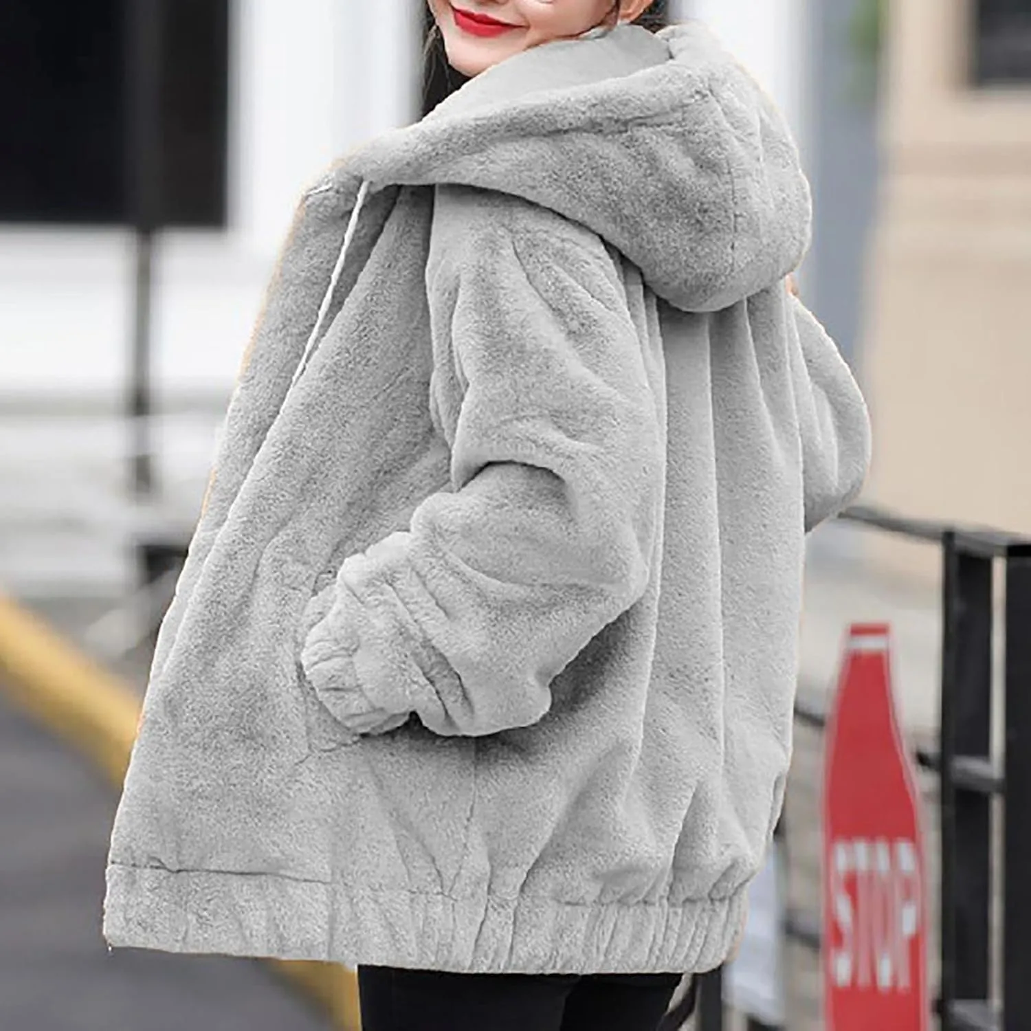 Plus Size Winter Coats for Women Warm Comfy Fuzzy Fleece Jacket Full Zip Plush Hooded Cardigan Outerwear with Pocket