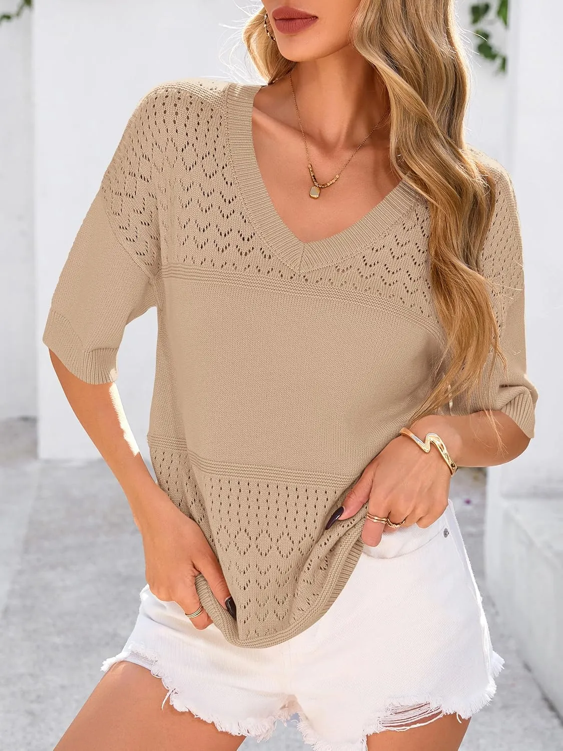 PRETTYGARDEN Women's Short Sleeve Sweater Tops 2025 Spring Summer Casual V Neck Ribbed Knit Trendy Eyelet Blouse T Shirts