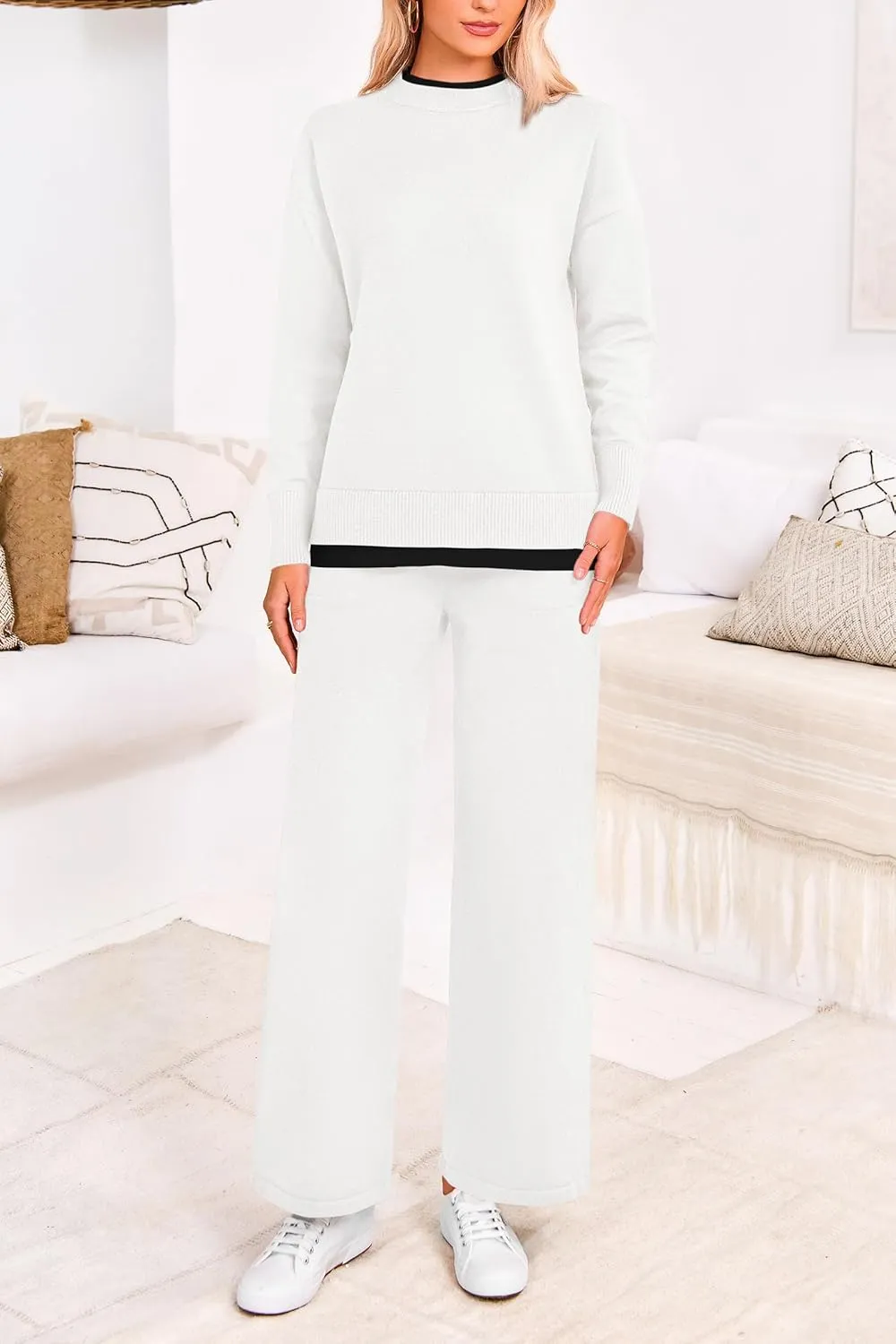 PRETTYGARDEN Women's Winter Two Piece Matching Sweater Lounge Sets Knit Long Sleeve Pullover Tops Wide Leg Pants Tracksuits
