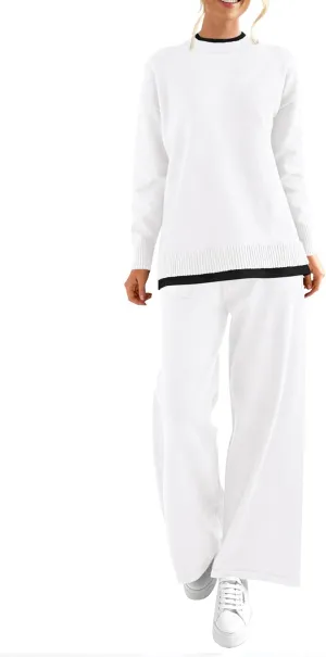 PRETTYGARDEN Women's Winter Two Piece Matching Sweater Lounge Sets Knit Long Sleeve Pullover Tops Wide Leg Pants Tracksuits
