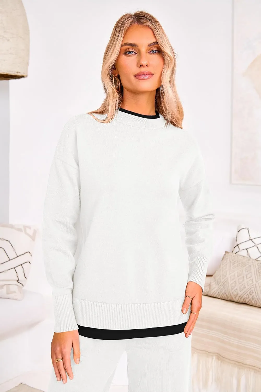 PRETTYGARDEN Women's Winter Two Piece Matching Sweater Lounge Sets Knit Long Sleeve Pullover Tops Wide Leg Pants Tracksuits