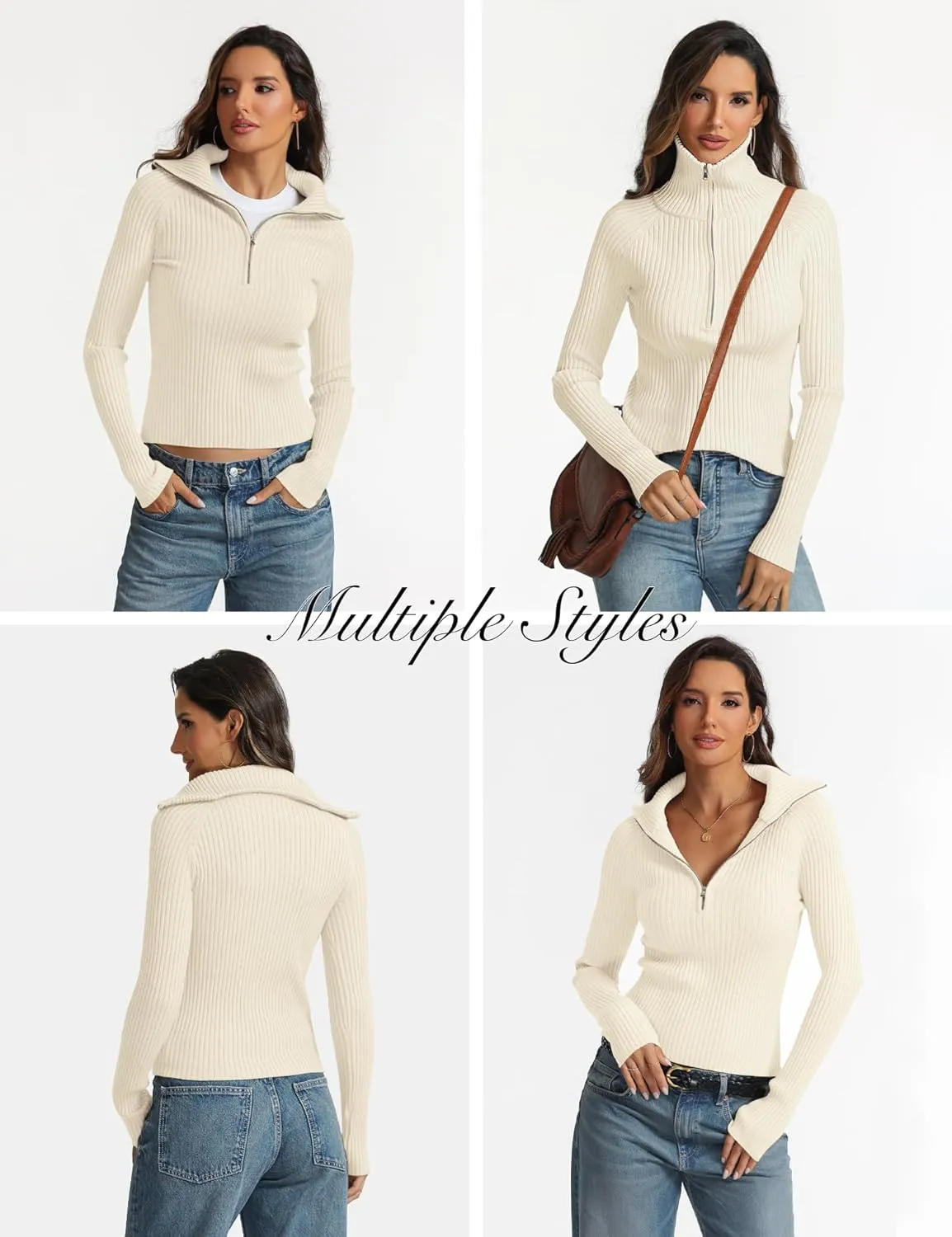 Prettywear 2024 Women's Half Zip Pullover Sweaters V Neck Collared Long Sleeve Ribbed Knit Fall Tops Dressy Casual