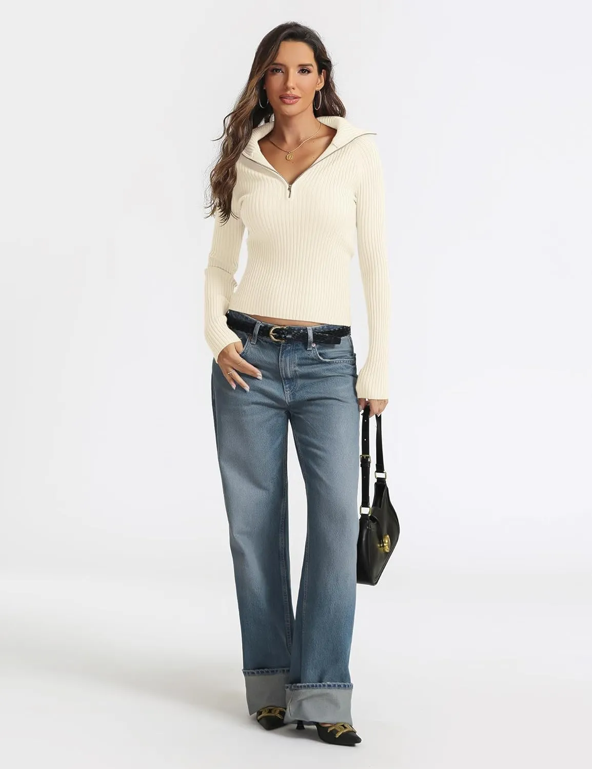 Prettywear 2024 Women's Half Zip Pullover Sweaters V Neck Collared Long Sleeve Ribbed Knit Fall Tops Dressy Casual