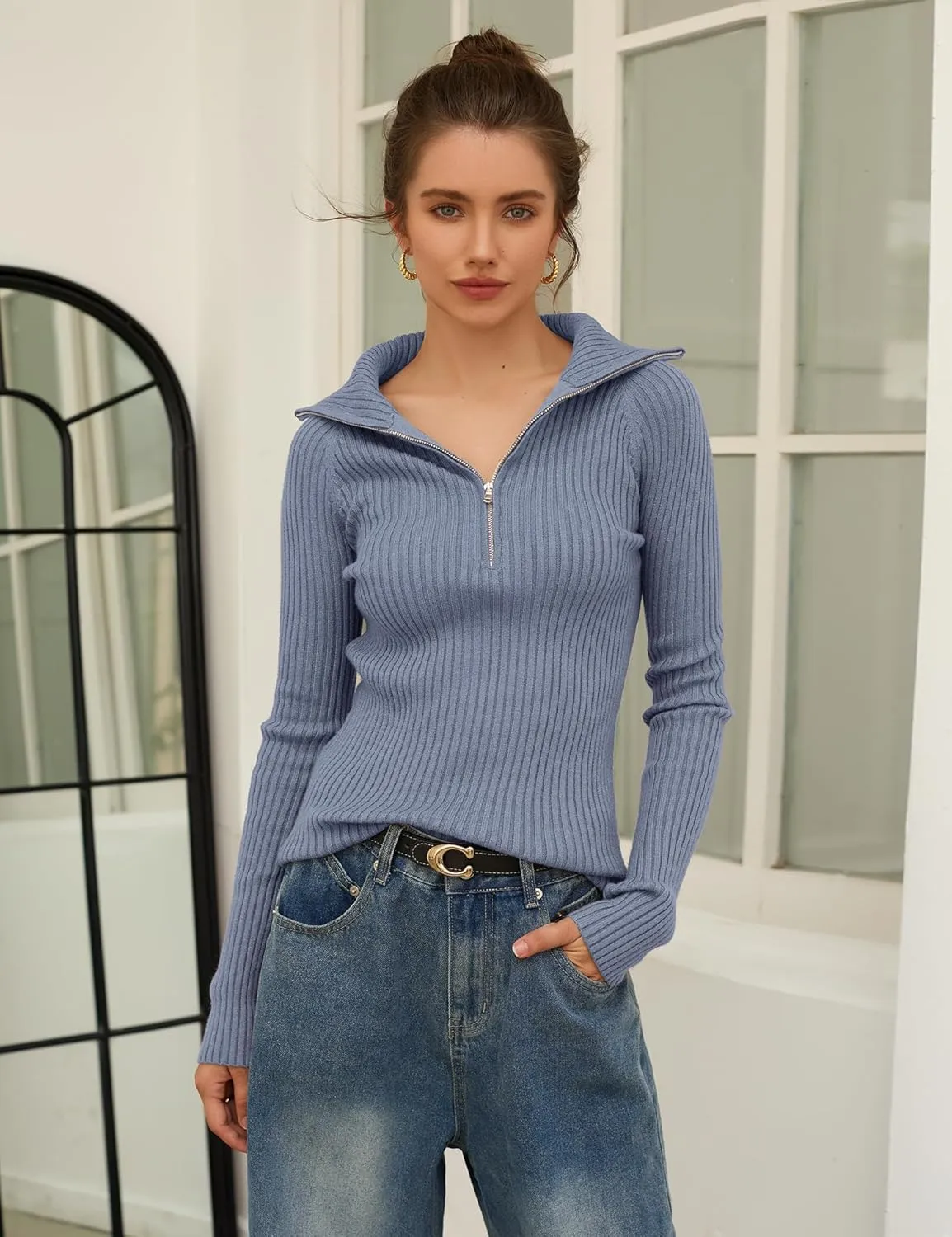 Prettywear 2024 Women's Half Zip Pullover Sweaters V Neck Collared Long Sleeve Ribbed Knit Fall Tops Dressy Casual