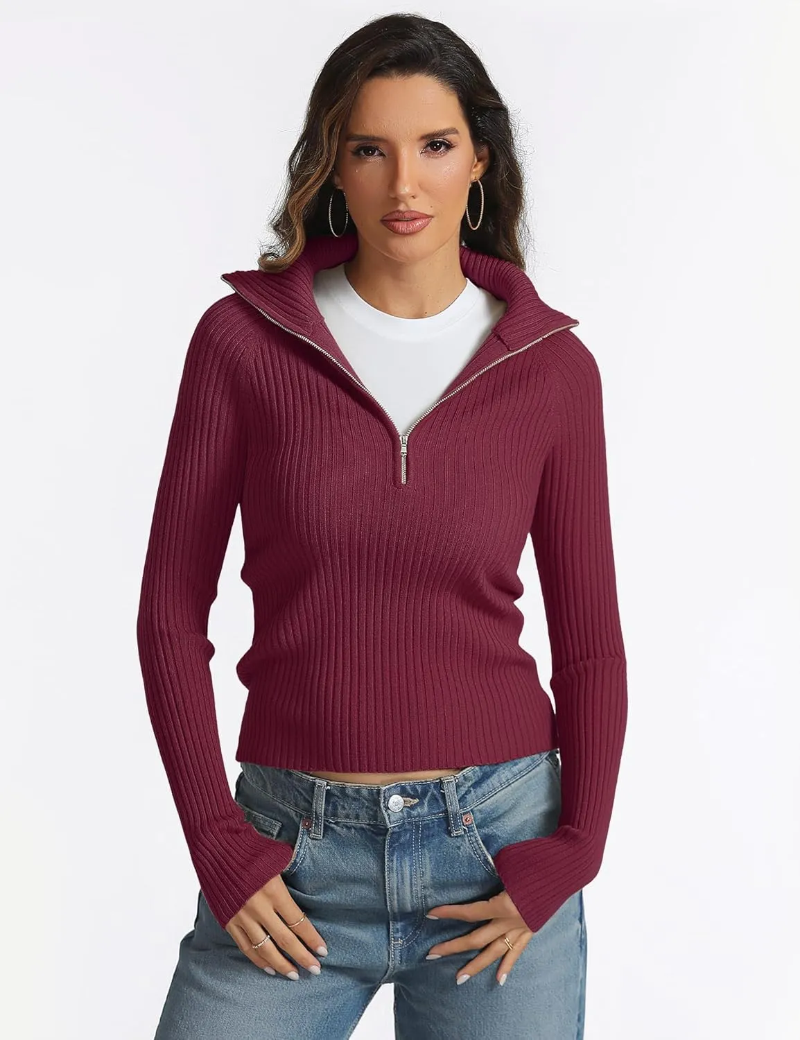 Prettywear 2024 Women's Half Zip Pullover Sweaters V Neck Collared Long Sleeve Ribbed Knit Fall Tops Dressy Casual