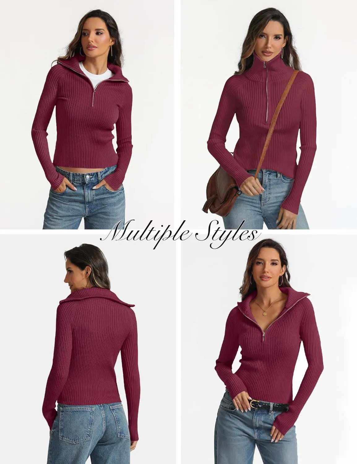 Prettywear 2024 Women's Half Zip Pullover Sweaters V Neck Collared Long Sleeve Ribbed Knit Fall Tops Dressy Casual