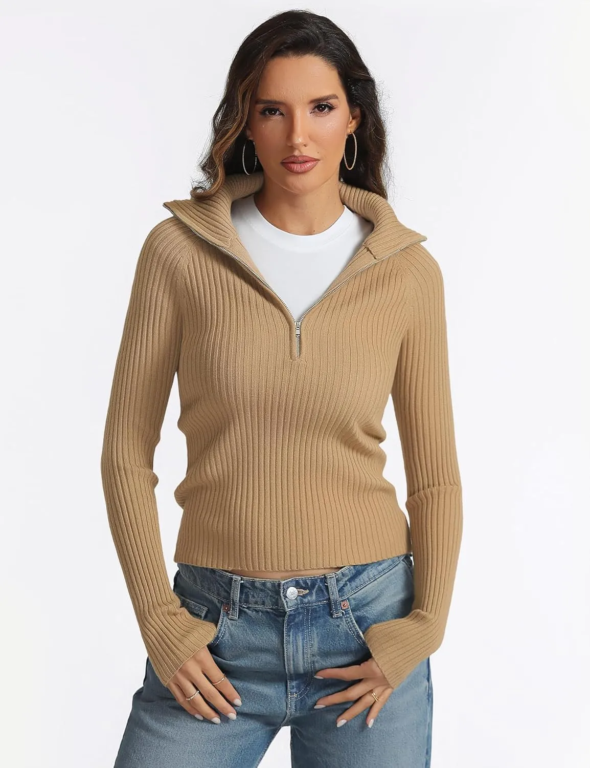Prettywear 2024 Women's Half Zip Pullover Sweaters V Neck Collared Long Sleeve Ribbed Knit Fall Tops Dressy Casual