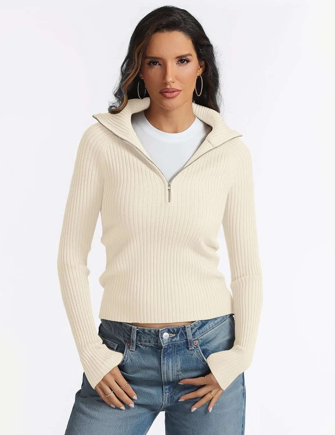 Prettywear 2024 Women's Half Zip Pullover Sweaters V Neck Collared Long Sleeve Ribbed Knit Fall Tops Dressy Casual