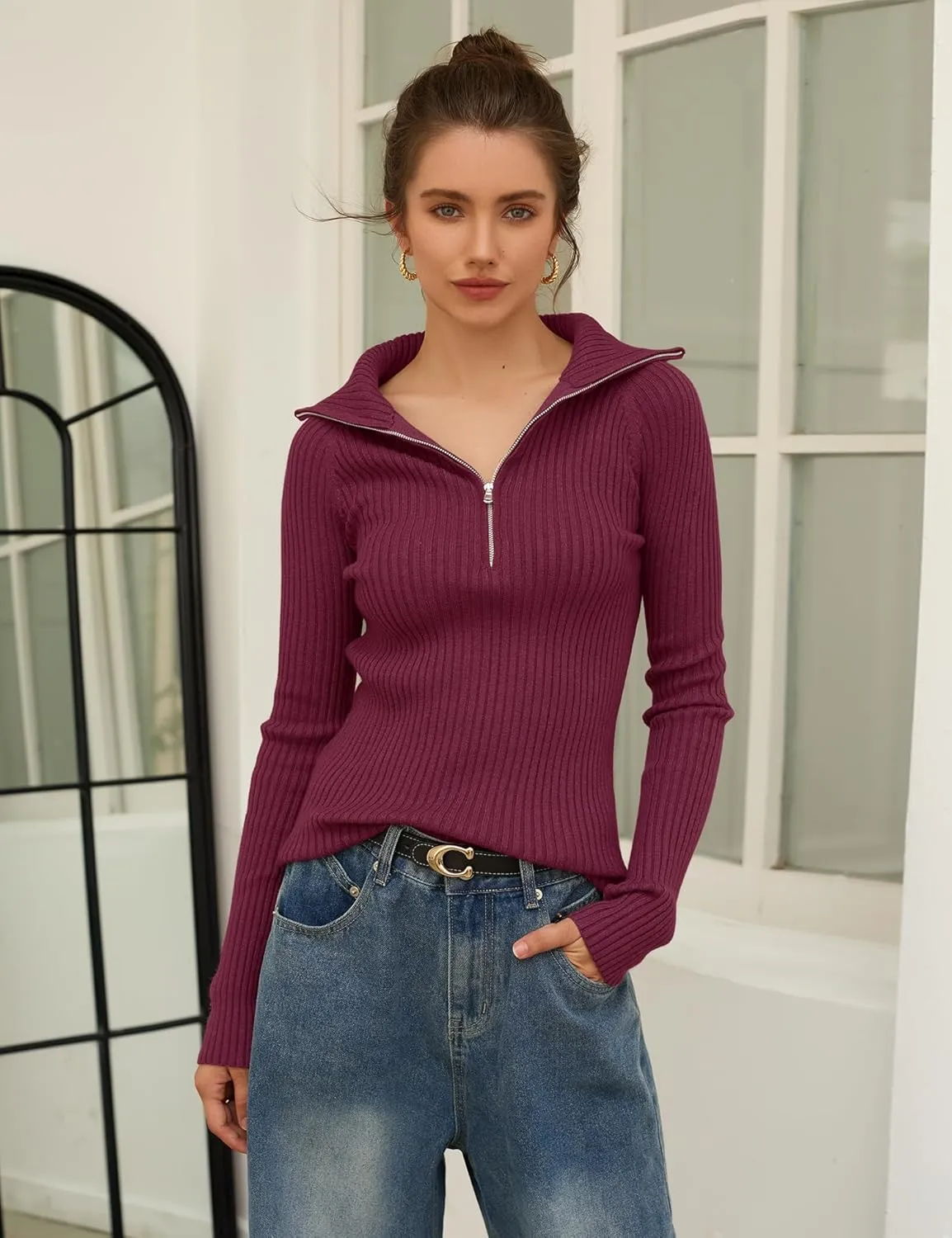 Prettywear 2024 Women's Half Zip Pullover Sweaters V Neck Collared Long Sleeve Ribbed Knit Fall Tops Dressy Casual