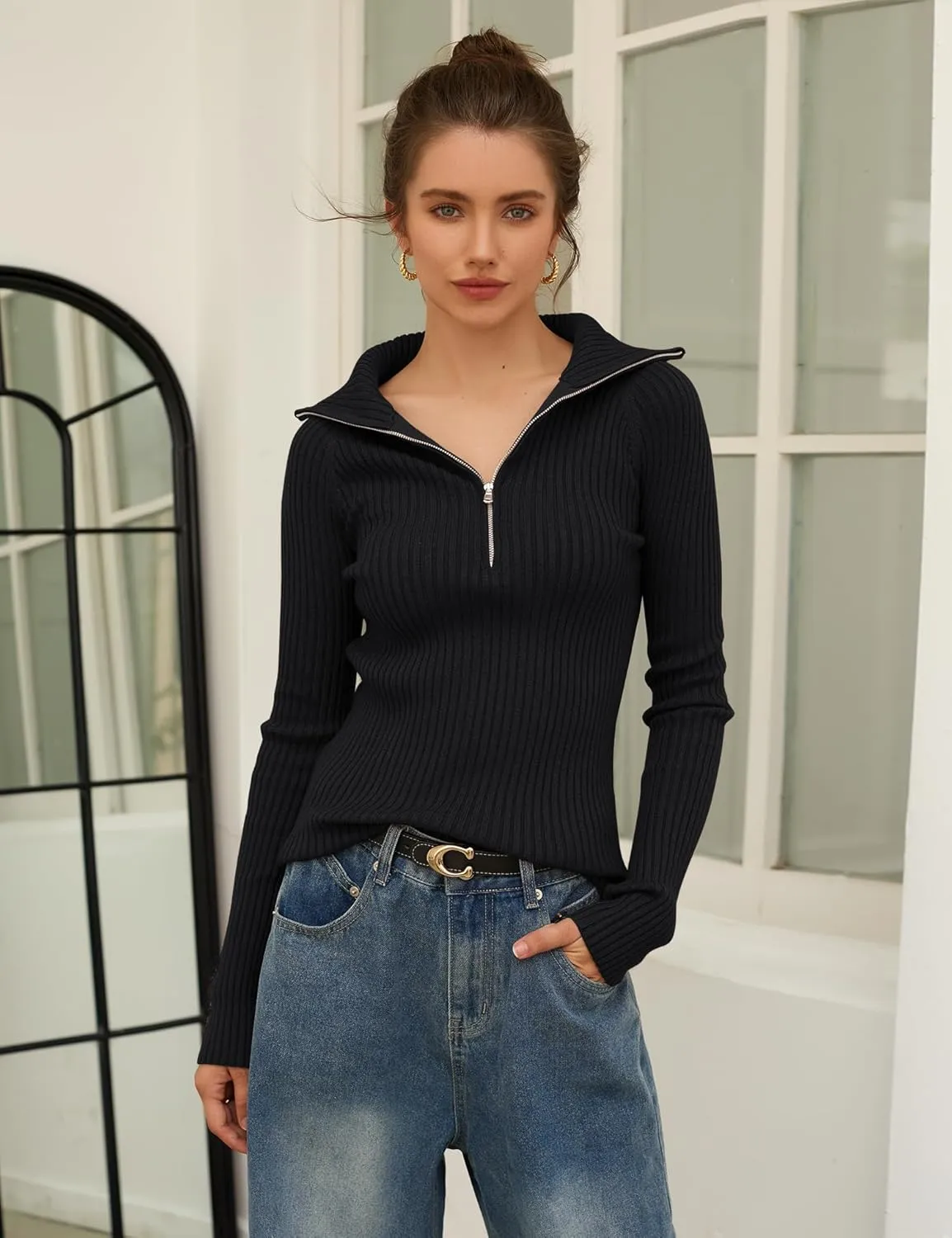 Prettywear 2024 Women's Half Zip Pullover Sweaters V Neck Collared Long Sleeve Ribbed Knit Fall Tops Dressy Casual