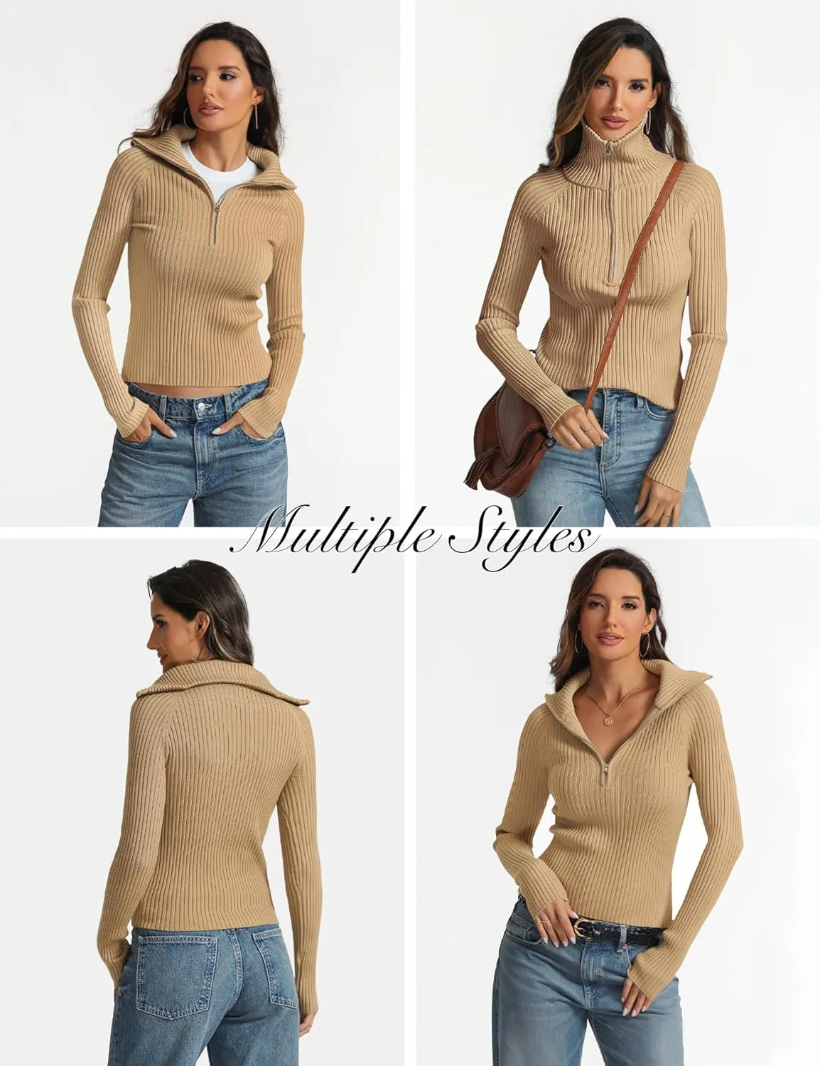 Prettywear 2024 Women's Half Zip Pullover Sweaters V Neck Collared Long Sleeve Ribbed Knit Fall Tops Dressy Casual