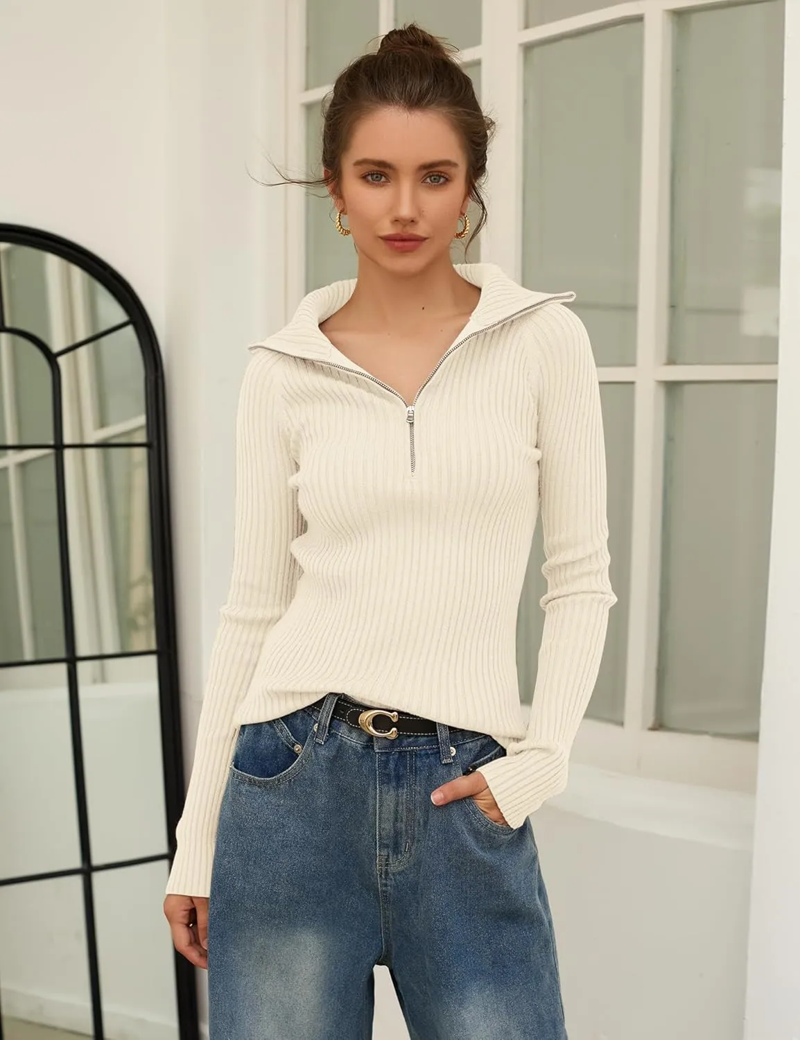 Prettywear 2024 Women's Half Zip Pullover Sweaters V Neck Collared Long Sleeve Ribbed Knit Fall Tops Dressy Casual