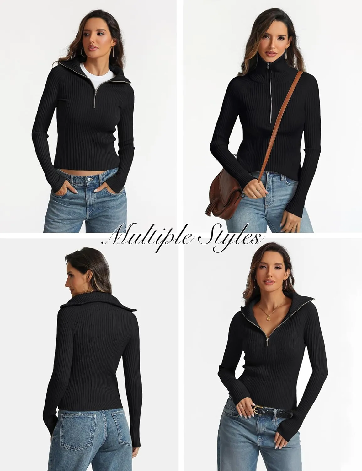 Prettywear 2024 Women's Half Zip Pullover Sweaters V Neck Collared Long Sleeve Ribbed Knit Fall Tops Dressy Casual