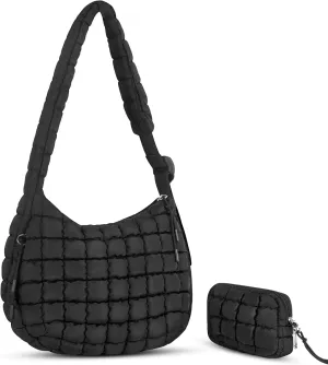 Puffer Tote Bag Quilted Carryall Bag Adjustable Shoulder Long Strap Puffy Hobo Crossbody Bag for Women with Detachable Pouch