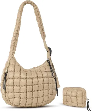 Puffer Tote Bag Quilted Carryall Bag Adjustable Shoulder Long Strap Puffy Hobo Crossbody Bag for Women with Detachable Pouch