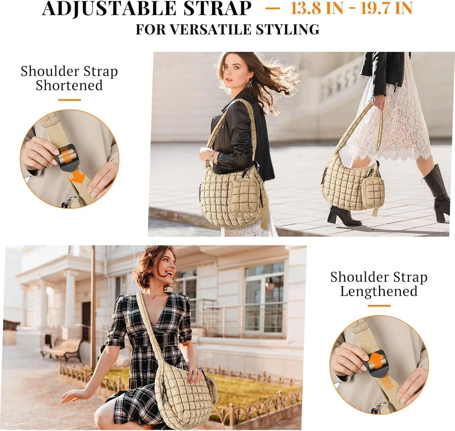 Puffer Tote Bag Quilted Carryall Bag Adjustable Shoulder Long Strap Puffy Hobo Crossbody Bag for Women with Detachable Pouch