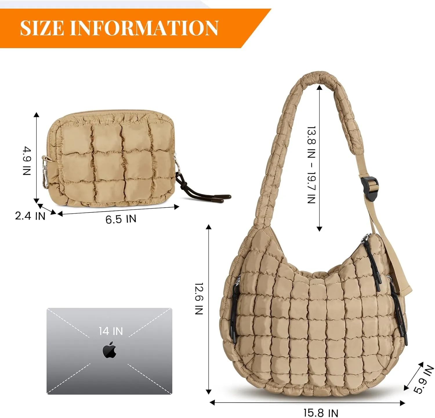 Puffer Tote Bag Quilted Carryall Bag Adjustable Shoulder Long Strap Puffy Hobo Crossbody Bag for Women with Detachable Pouch