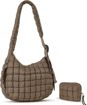 Puffer Tote Bag Quilted Carryall Bag Adjustable Shoulder Long Strap Puffy Hobo Crossbody Bag for Women with Detachable Pouch