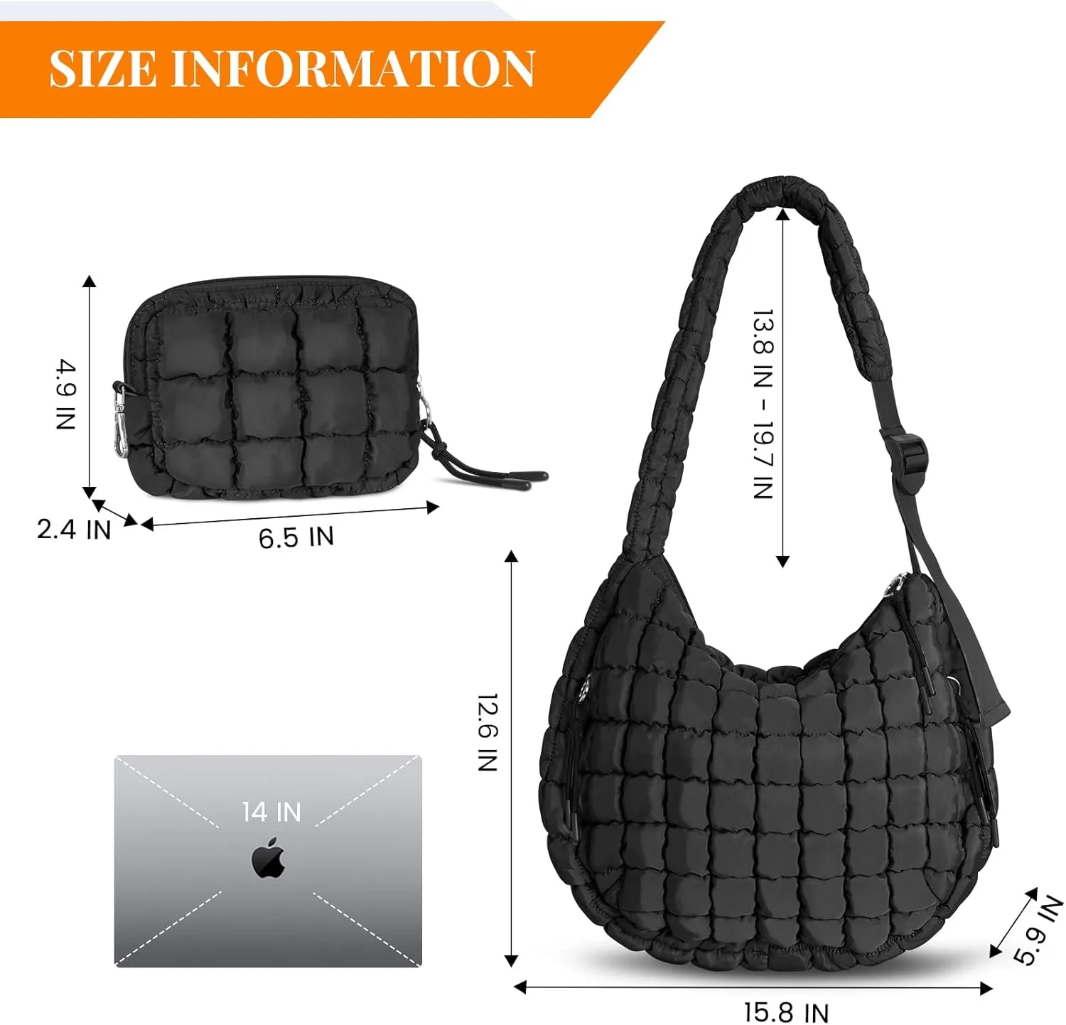 Puffer Tote Bag Quilted Carryall Bag Adjustable Shoulder Long Strap Puffy Hobo Crossbody Bag for Women with Detachable Pouch