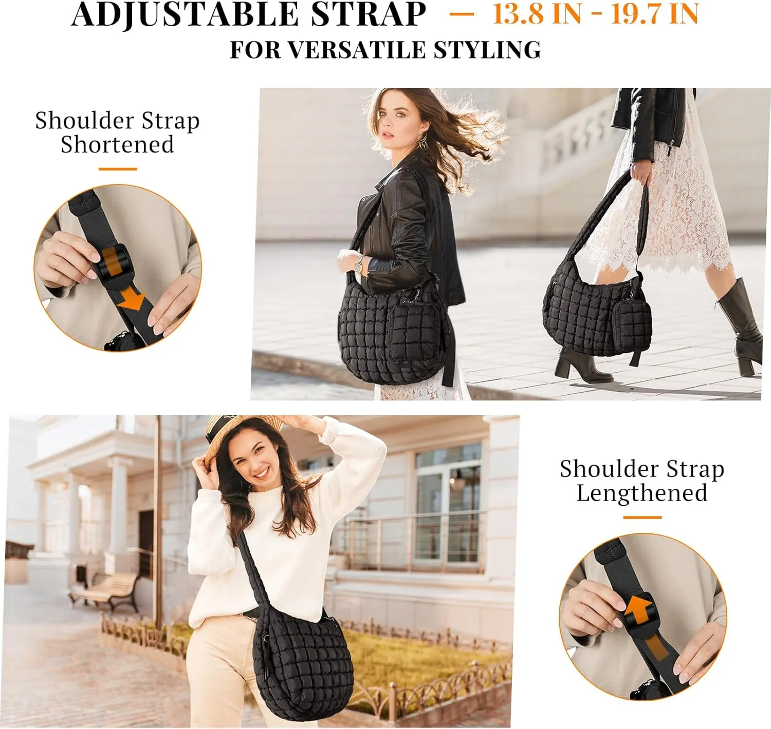 Puffer Tote Bag Quilted Carryall Bag Adjustable Shoulder Long Strap Puffy Hobo Crossbody Bag for Women with Detachable Pouch