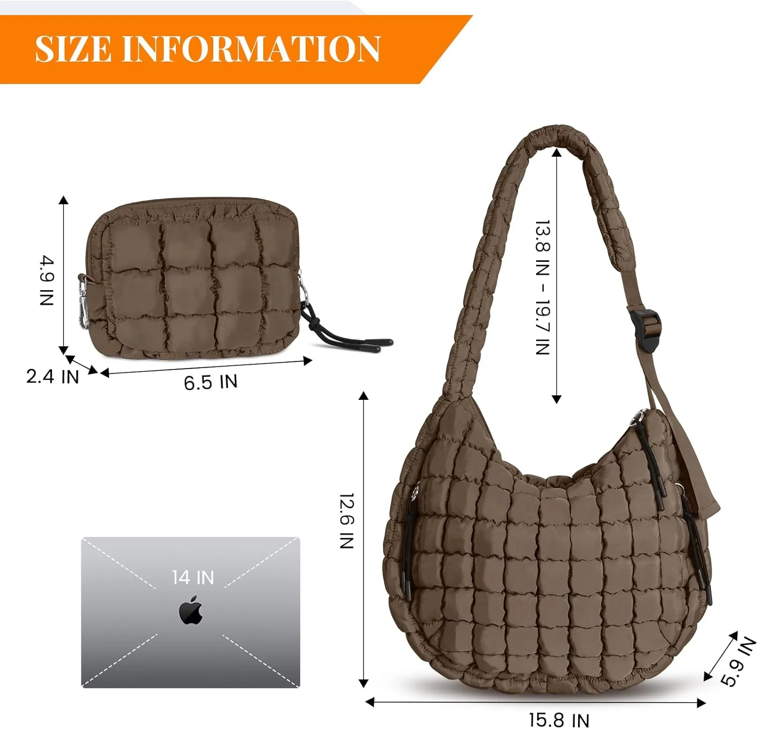 Puffer Tote Bag Quilted Carryall Bag Adjustable Shoulder Long Strap Puffy Hobo Crossbody Bag for Women with Detachable Pouch