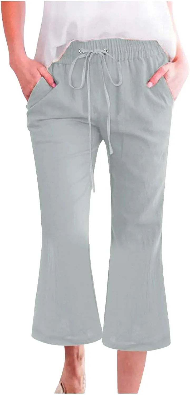 Pull On Linen Capris for Women Dressy Casual Stretch Lightweight Capri Elastic High Waist Lounge Pants 2025 Summer S-5X