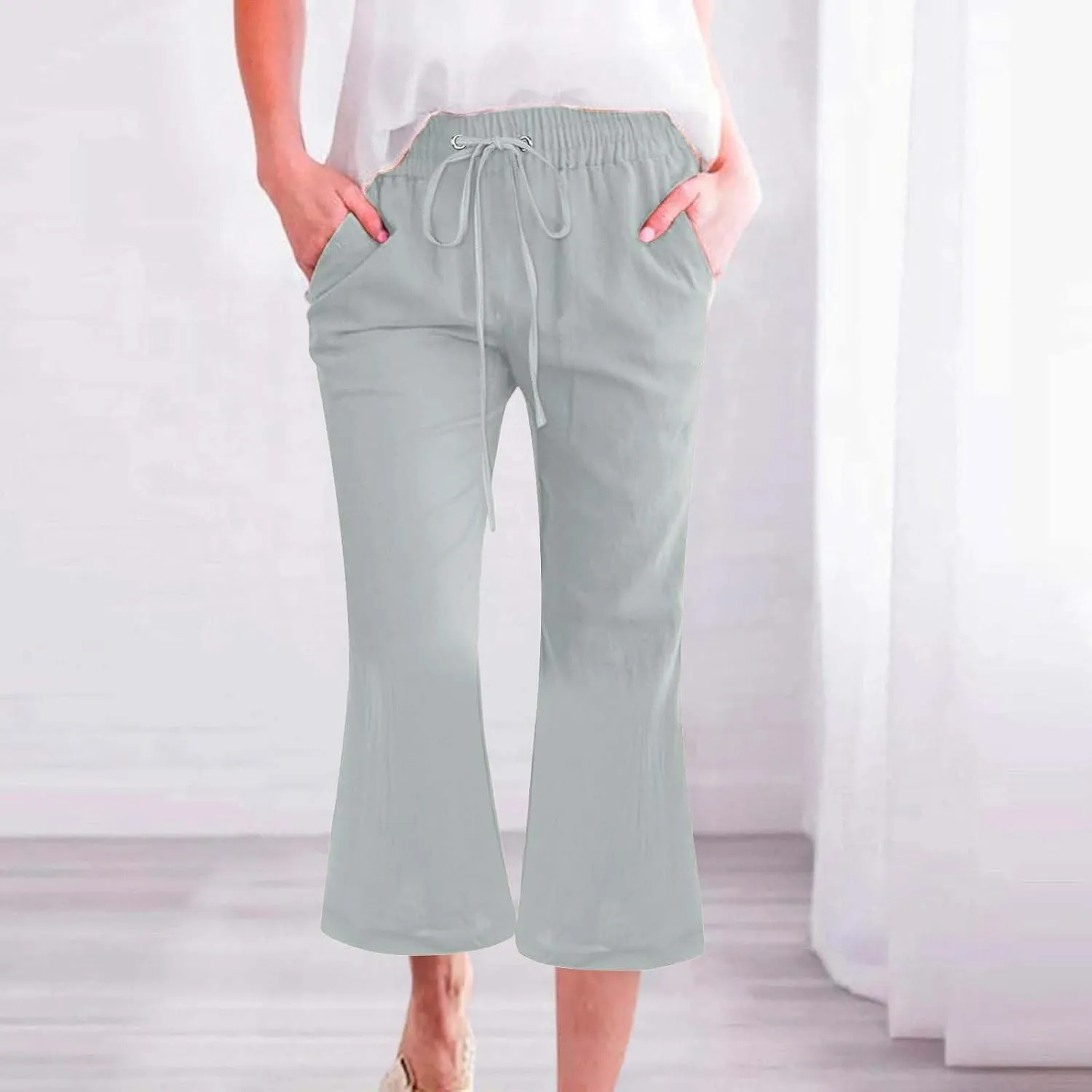 Pull On Linen Capris for Women Dressy Casual Stretch Lightweight Capri Elastic High Waist Lounge Pants 2025 Summer S-5X