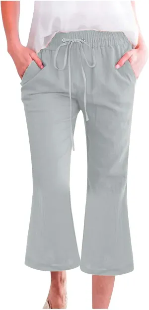 Pull On Linen Capris for Women Dressy Casual Stretch Lightweight Capri Elastic High Waist Lounge Pants 2025 Summer S-5X