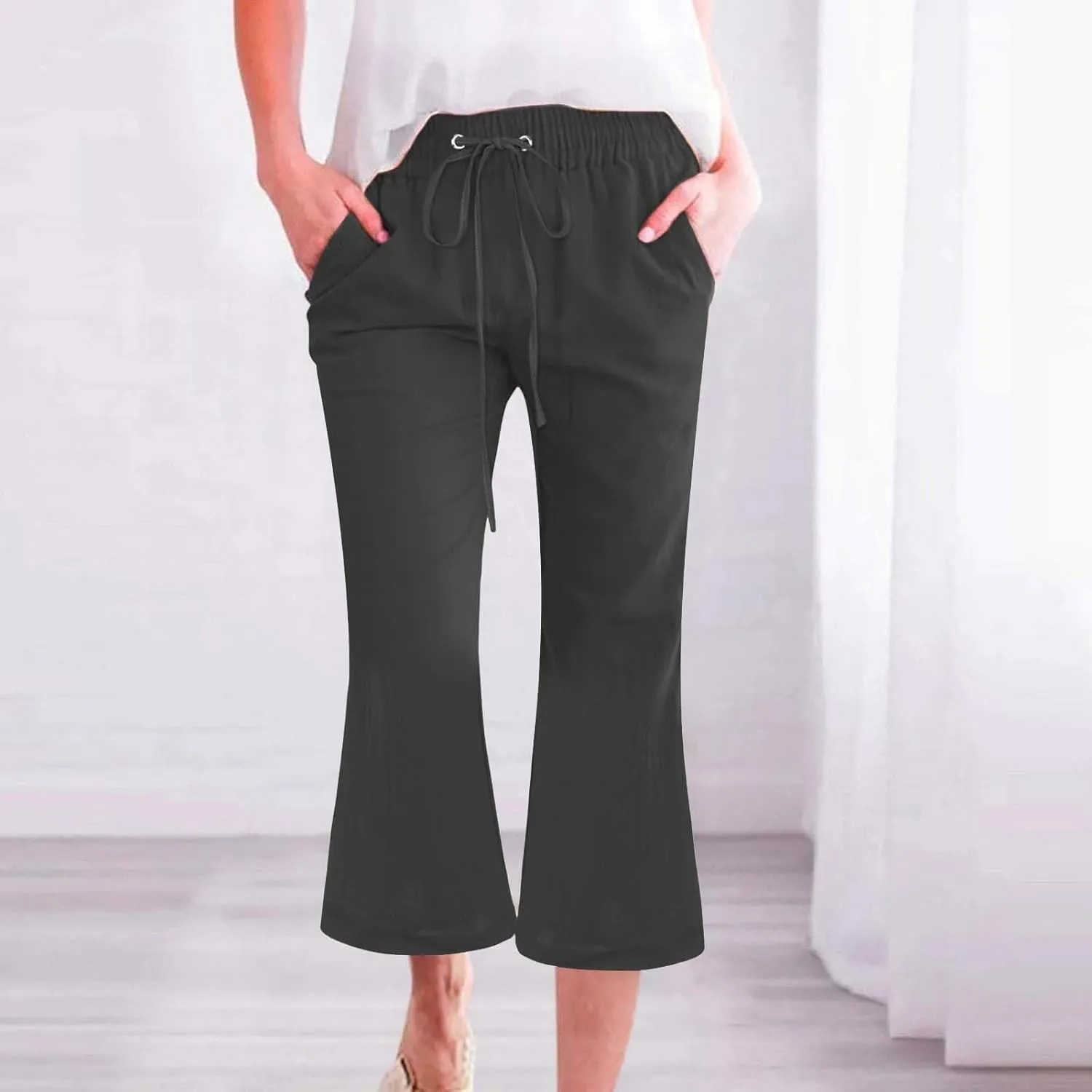 Pull On Linen Capris for Women Dressy Casual Stretch Lightweight Capri Elastic High Waist Lounge Pants 2025 Summer S-5X