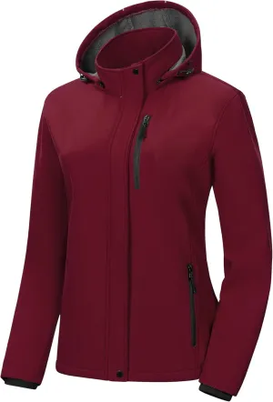 Pursky Women's Softshell Jacket Lightweight Fleece Lined Rain Jacket Waterproof Warm Windbreaker Coat With Removable Hood