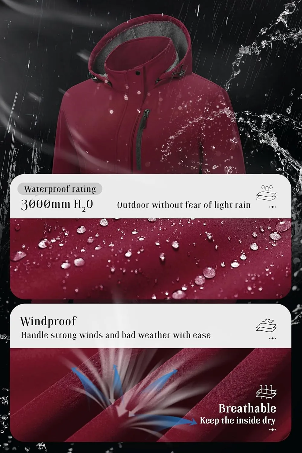 Pursky Women's Softshell Jacket Lightweight Fleece Lined Rain Jacket Waterproof Warm Windbreaker Coat With Removable Hood