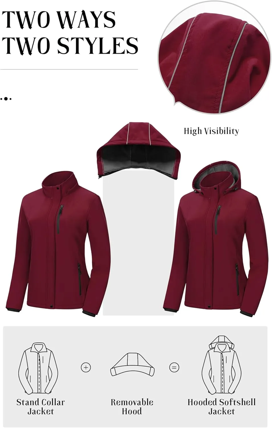 Pursky Women's Softshell Jacket Lightweight Fleece Lined Rain Jacket Waterproof Warm Windbreaker Coat With Removable Hood