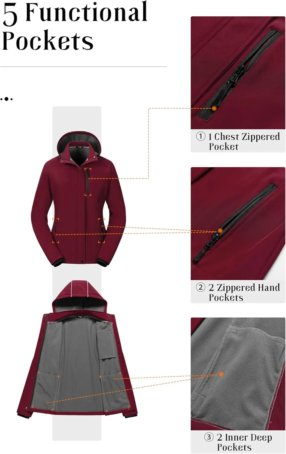 Pursky Women's Softshell Jacket Lightweight Fleece Lined Rain Jacket Waterproof Warm Windbreaker Coat With Removable Hood