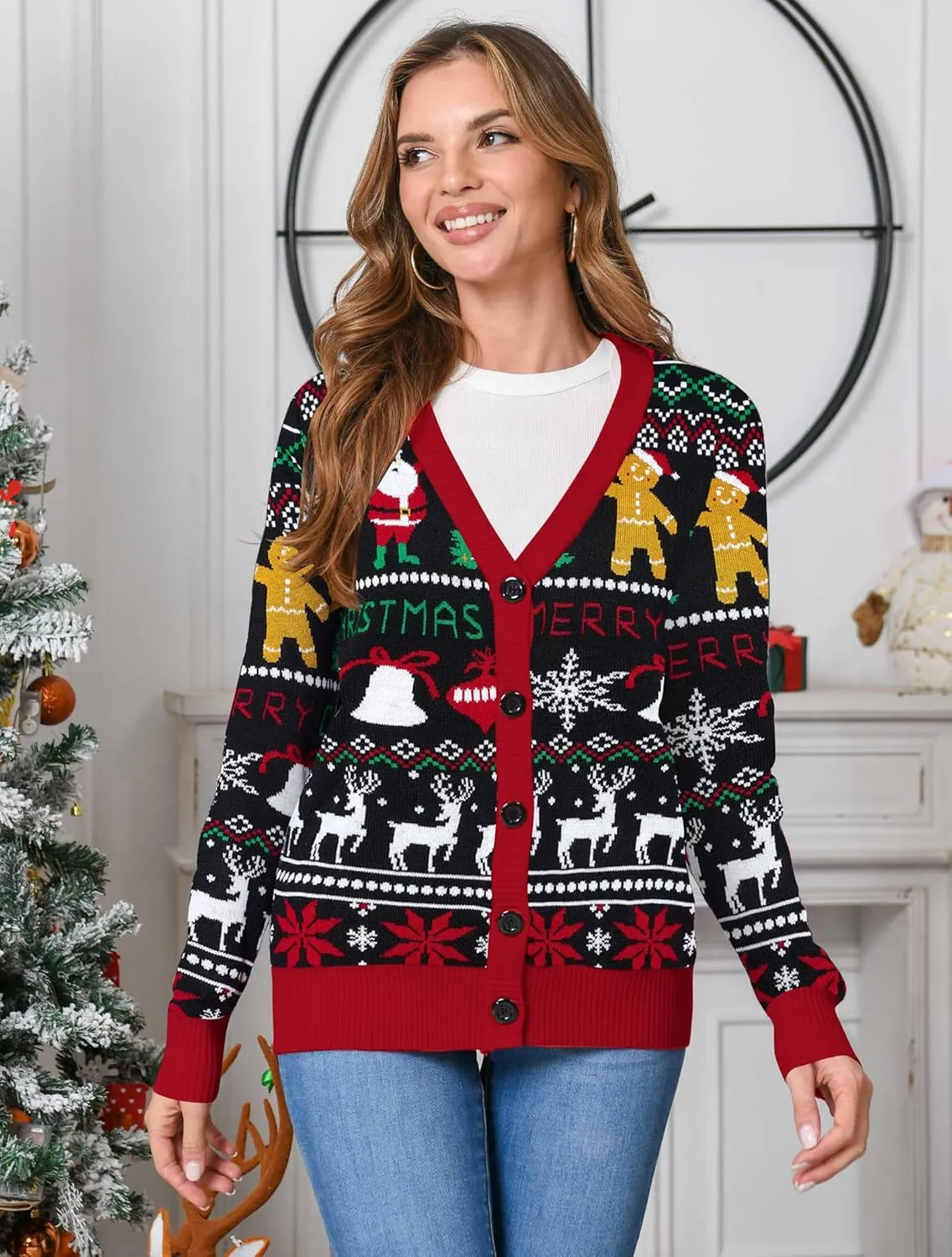RAISEVERN Ugly Christmas Cardigan Sweater Women Oversized Knit Open Front Tops