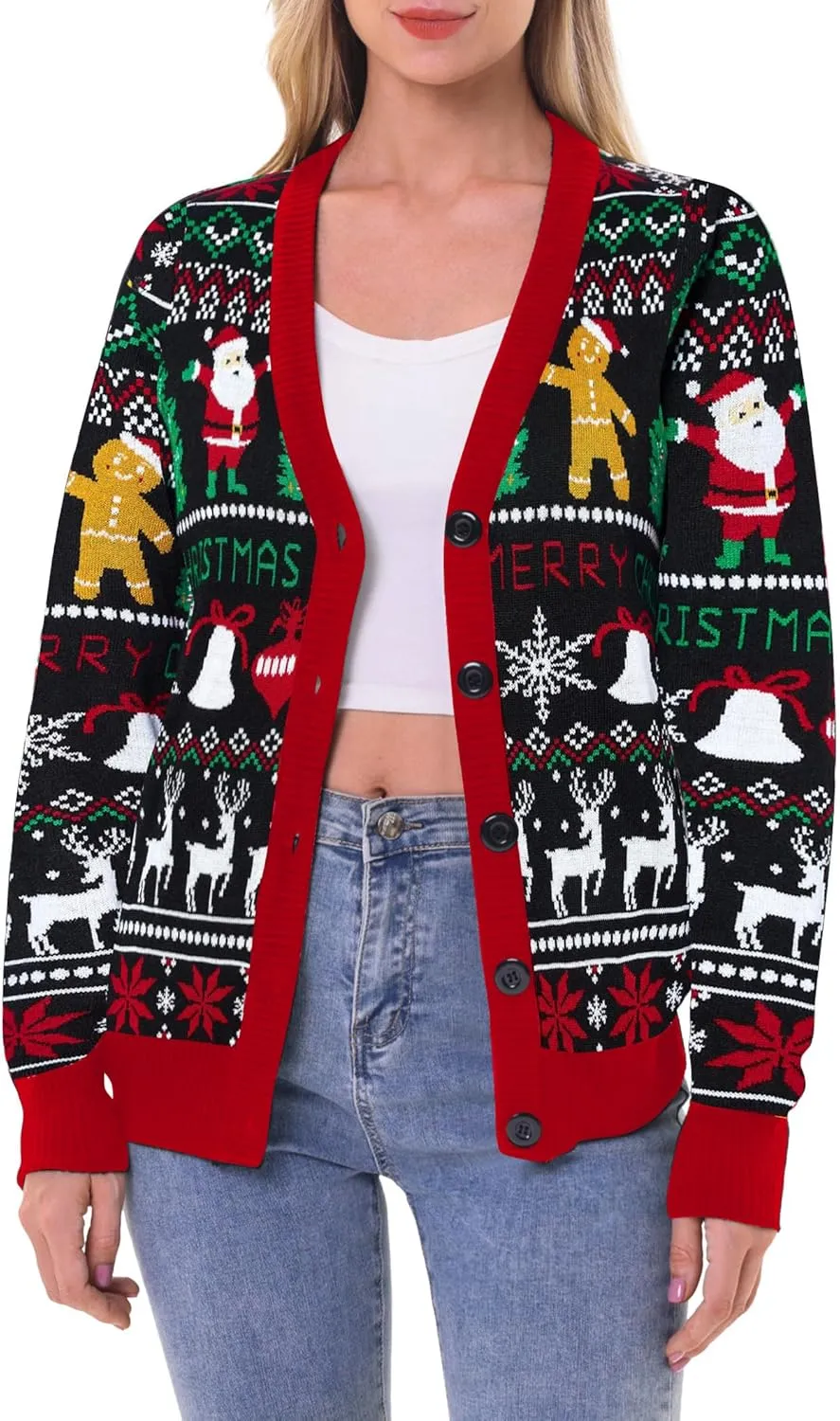 RAISEVERN Ugly Christmas Cardigan Sweater Women Oversized Knit Open Front Tops