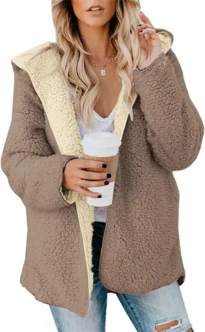 ReachMe Womens Sherpa Jacket Oversized Fleece Jacket Teddy Coats with Pockets Open Front Hooded Fuzzy Cardigan