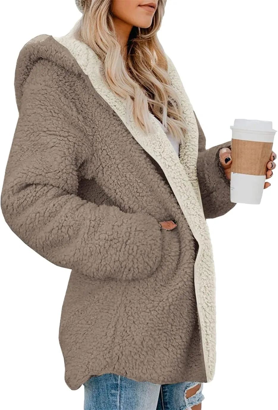 ReachMe Womens Sherpa Jacket Oversized Fleece Jacket Teddy Coats with Pockets Open Front Hooded Fuzzy Cardigan